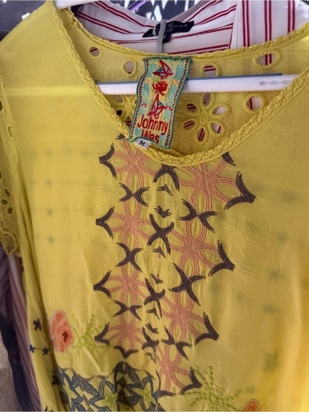 Johnny Was Yellow Embroidered Floral & Geometric Blouse